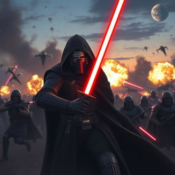 Kylo Ren in a war environment, clad in his iconic black armor and cape, wielding his red lightsaber, surrounded by soldiers engaged in battle, explosions lighting up the dusk sky, smoke and debris around him, a tense and dramatic atmosphere, showcasing his fierce expression of determination, emphasizing the chaos of the battlefield, with a mix of futuristic starships firing in the background and distant planets visible in the sky