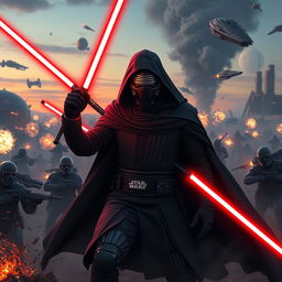 Kylo Ren in a war environment, clad in his iconic black armor and cape, wielding his red lightsaber, surrounded by soldiers engaged in battle, explosions lighting up the dusk sky, smoke and debris around him, a tense and dramatic atmosphere, showcasing his fierce expression of determination, emphasizing the chaos of the battlefield, with a mix of futuristic starships firing in the background and distant planets visible in the sky