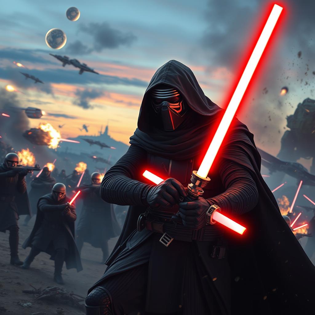 Kylo Ren in a war environment, clad in his iconic black armor and cape, wielding his red lightsaber, surrounded by soldiers engaged in battle, explosions lighting up the dusk sky, smoke and debris around him, a tense and dramatic atmosphere, showcasing his fierce expression of determination, emphasizing the chaos of the battlefield, with a mix of futuristic starships firing in the background and distant planets visible in the sky