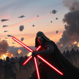 Kylo Ren in a war environment, clad in his iconic black armor and cape, wielding his red lightsaber, surrounded by soldiers engaged in battle, explosions lighting up the dusk sky, smoke and debris around him, a tense and dramatic atmosphere, showcasing his fierce expression of determination, emphasizing the chaos of the battlefield, with a mix of futuristic starships firing in the background and distant planets visible in the sky