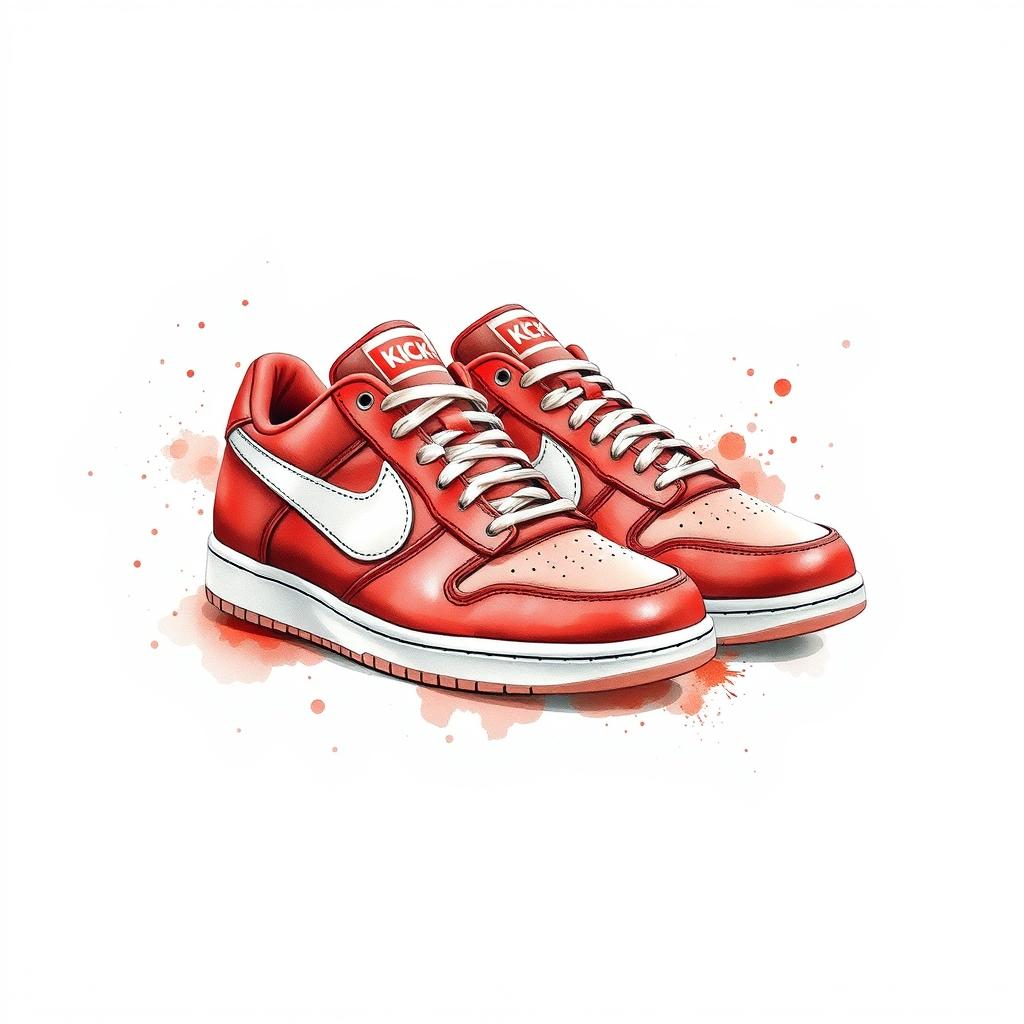 A pair of luxurious red sneakers featuring a striking white 'KICK' logo, illustrated in a beautiful watercolor style