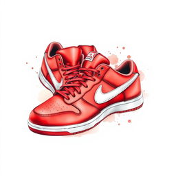 A pair of luxurious red sneakers featuring a striking white 'KICK' logo, illustrated in a beautiful watercolor style