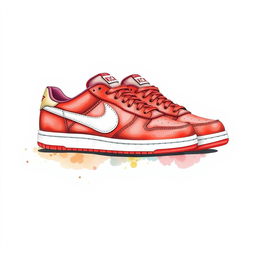 A pair of luxurious red sneakers featuring a striking white 'KICK' logo, illustrated in a beautiful watercolor style