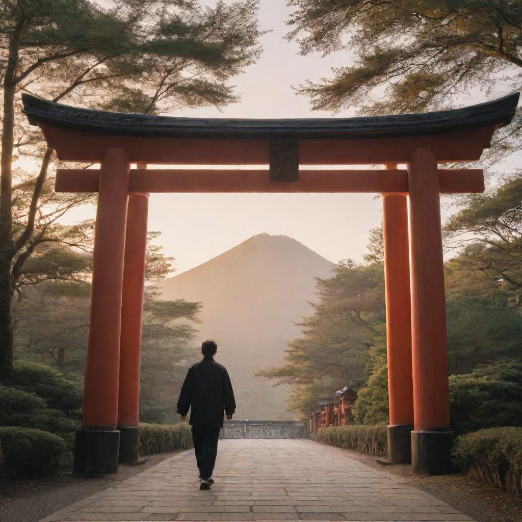 A detailed profile of a man in casual attire, strolling peacefully under an imposing traditional Japanese Torii gate at dusk.