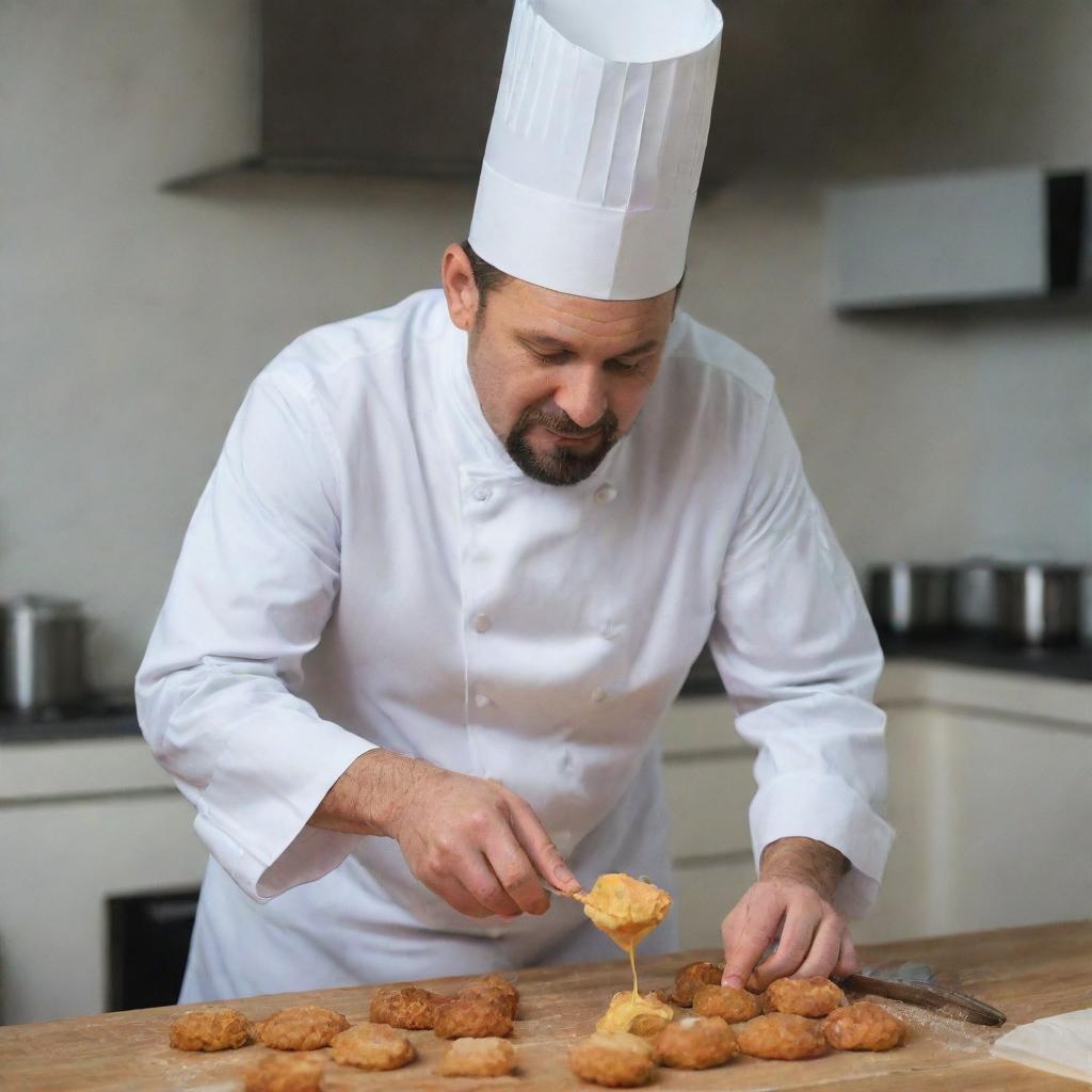 A skilled chef in his traditional attire blending uneaten fritters into a creamy mixture in a modern kitchen.