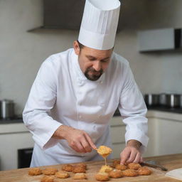 A skilled chef in his traditional attire blending uneaten fritters into a creamy mixture in a modern kitchen.