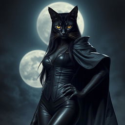 A striking black cat woman with sleek grey stripes, dressed in a stylish leather bodice and a dramatic flowing cape