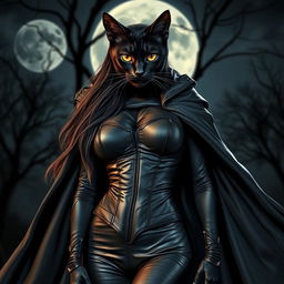 A striking black cat woman with sleek grey stripes, dressed in a stylish leather bodice and a dramatic flowing cape