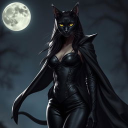 A striking black cat woman with sleek grey stripes, dressed in a stylish leather bodice and a dramatic flowing cape