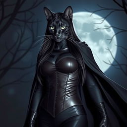 A striking black cat woman with sleek grey stripes, dressed in a stylish leather bodice and a dramatic flowing cape