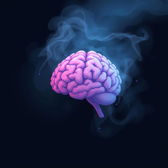 A pixel art representation of a brain surrounded by a smokey, ethereal fog