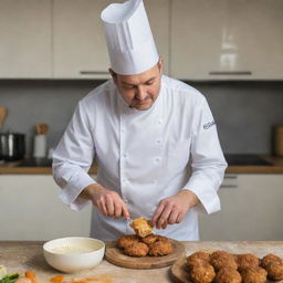 A skilled chef in his traditional attire blending uneaten fritters into a creamy mixture in a modern kitchen.