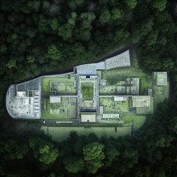 An aerial view of a state-of-the-art maximum-security penitentiary located in the center of a dense forest, surrounded by tall, lush trees.