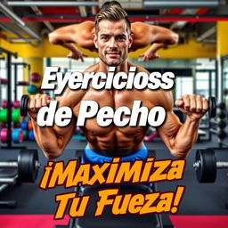 A vibrant and energetic YouTube thumbnail featuring a variety of chest exercises, with words in Spanish