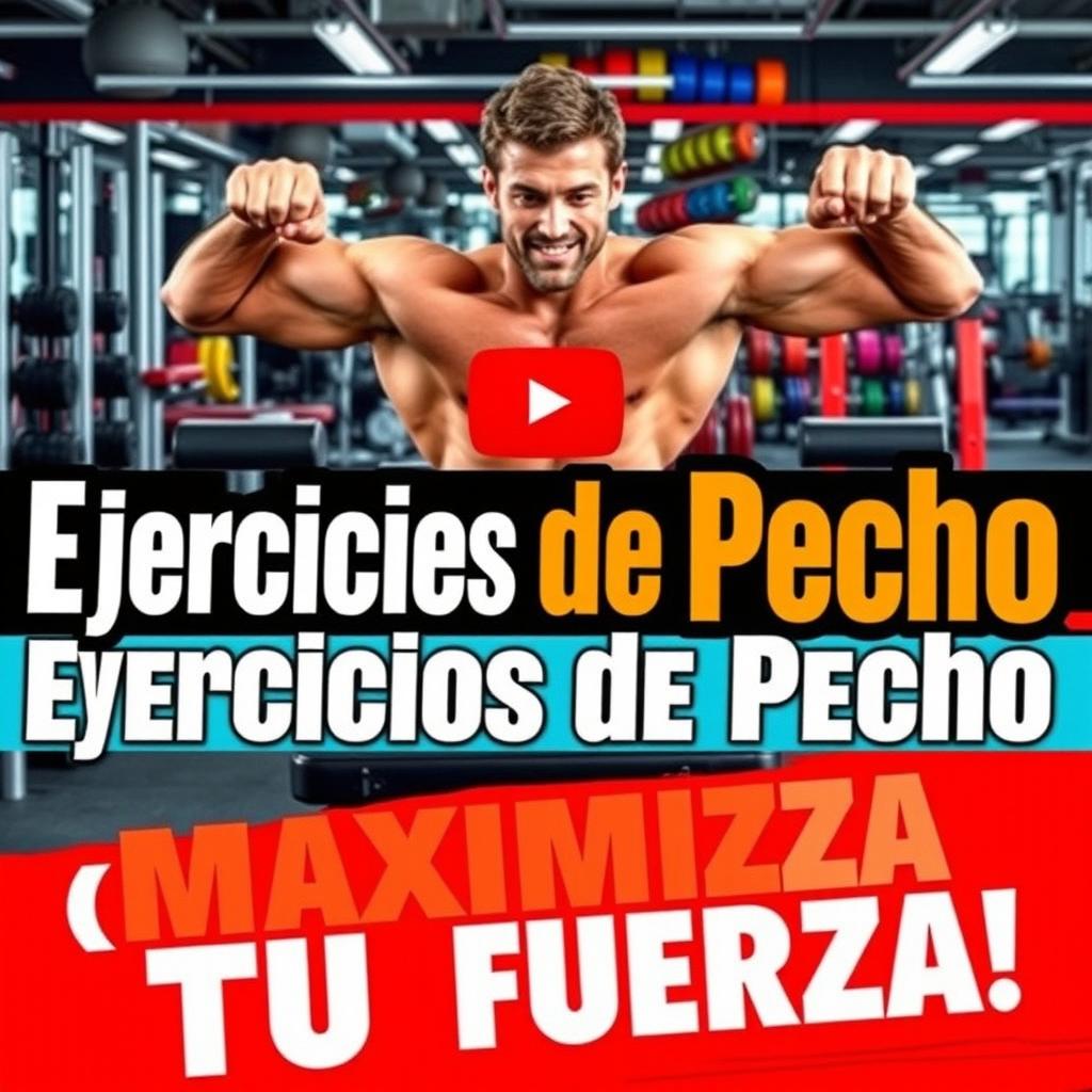 A vibrant and energetic YouTube thumbnail featuring a variety of chest exercises, with words in Spanish