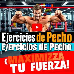 A vibrant and energetic YouTube thumbnail featuring a variety of chest exercises, with words in Spanish