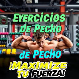 A vibrant and energetic YouTube thumbnail featuring a variety of chest exercises, with words in Spanish