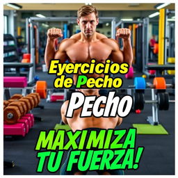 A vibrant and energetic YouTube thumbnail featuring a variety of chest exercises, with words in Spanish