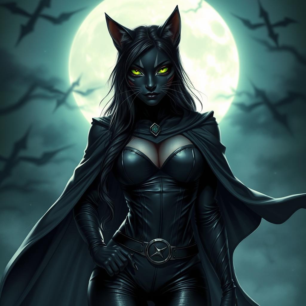 A striking black cat woman with sleek grey stripes, dressed in a stylish leather bodice and a dramatic flowing cape