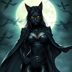 A striking black cat woman with sleek grey stripes, dressed in a stylish leather bodice and a dramatic flowing cape