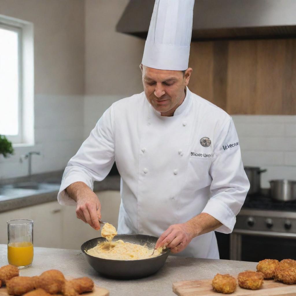 A skilled chef in his traditional attire blending uneaten fritters into a creamy mixture in a modern kitchen.