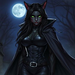 A striking black cat woman with sleek grey stripes, dressed in a stylish leather bodice and a dramatic flowing cape