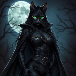 A striking black cat woman with sleek grey stripes, dressed in a stylish leather bodice and a dramatic flowing cape