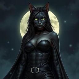 A striking black cat woman with sleek grey stripes, dressed in a stylish leather bodice and a dramatic flowing cape