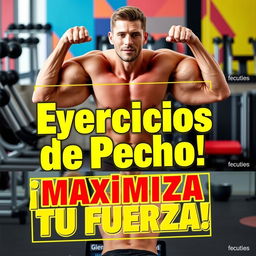 A vibrant YouTube thumbnail showcasing various chest exercises, featuring a muscular person (gender-neutral) performing push-ups and bench presses in a modern gym setting