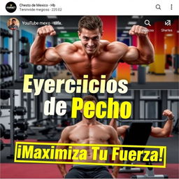 A vibrant YouTube thumbnail showcasing various chest exercises, featuring a muscular person (gender-neutral) performing push-ups and bench presses in a modern gym setting