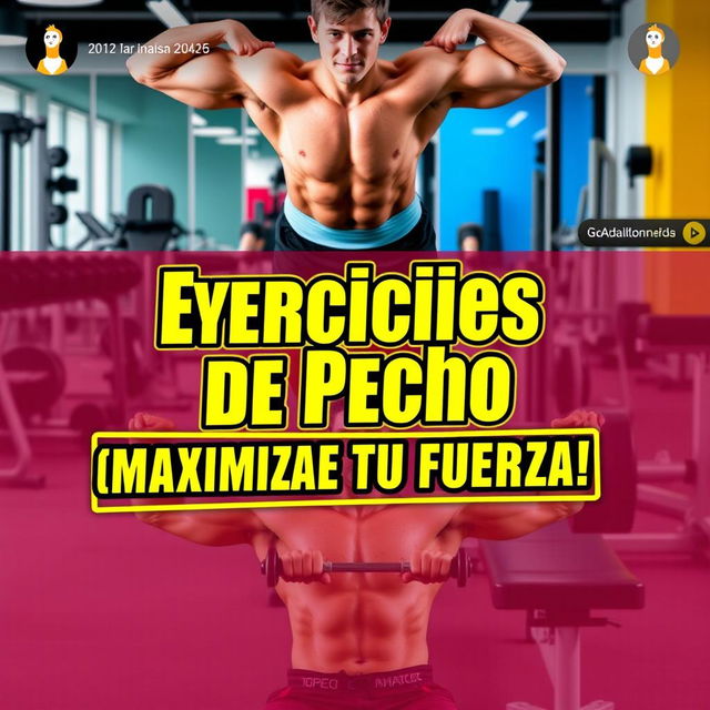 A vibrant YouTube thumbnail showcasing various chest exercises, featuring a muscular person (gender-neutral) performing push-ups and bench presses in a modern gym setting