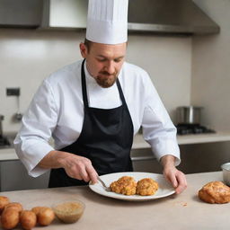 A skilled chef in his traditional attire blending uneaten fritters into a creamy mixture in a modern kitchen.