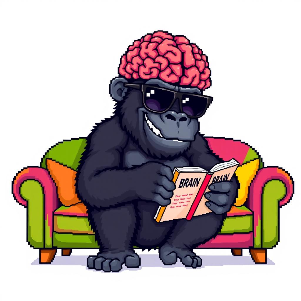 A pixel art depiction of a gorilla with a giant brain, wearing stylish sunglasses while sitting on a colorful sofa