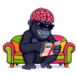 A pixel art depiction of a gorilla with a giant brain, wearing stylish sunglasses while sitting on a colorful sofa