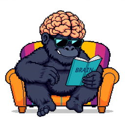 A pixel art depiction of a gorilla with a giant brain, wearing stylish sunglasses while sitting on a colorful sofa