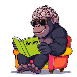 A pixel art depiction of a gorilla with a giant brain, wearing stylish sunglasses while sitting on a colorful sofa