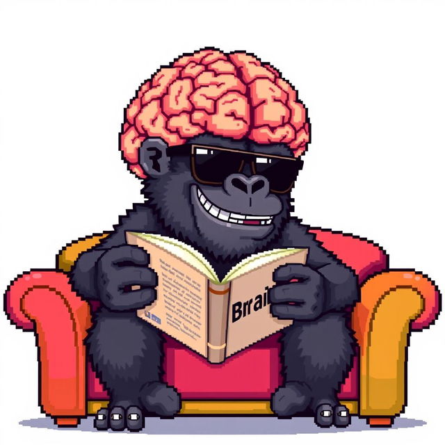 A pixel art depiction of a gorilla with a giant brain, wearing stylish sunglasses while sitting on a colorful sofa