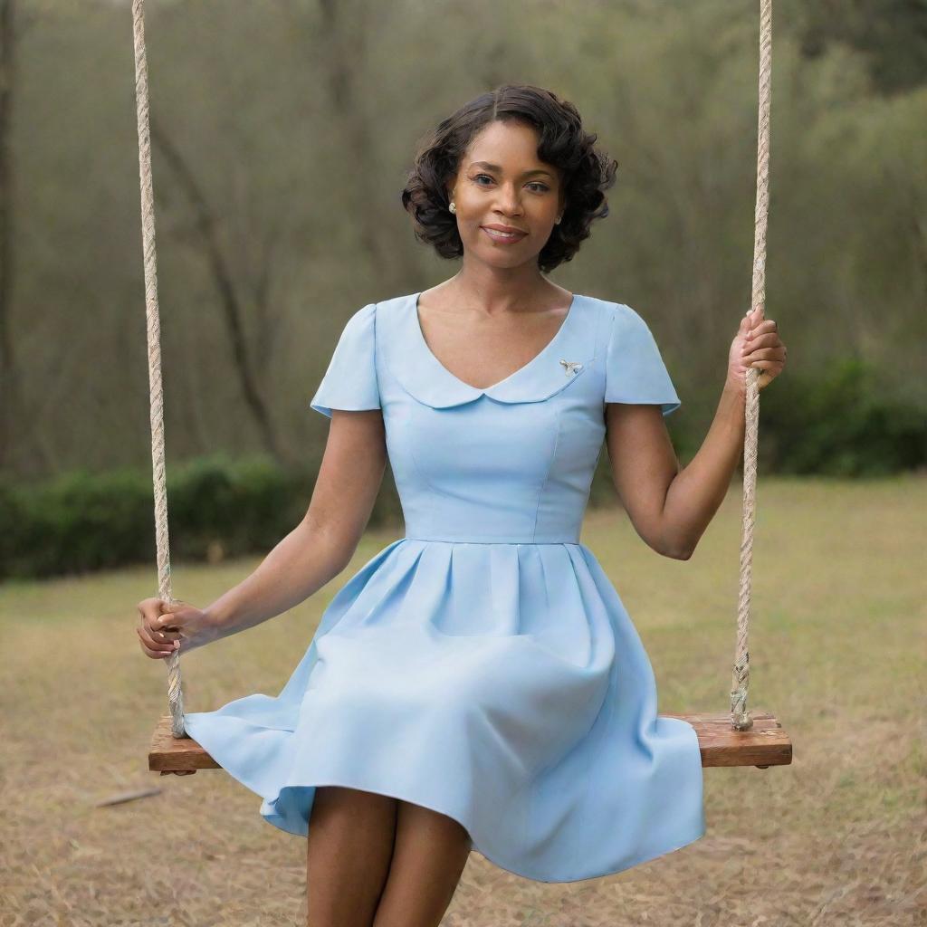 Renee Juliet Clarke Fortune, a lady of sophistication, sitting gracefully on a wooden swing, looking with peaceful serenity.