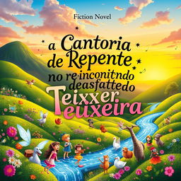 A captivating book cover for a fiction novel titled 'A Cantoria de Repente no Reino Encantado de Teixeira'