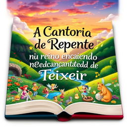 A captivating book cover for a fiction novel titled 'A Cantoria de Repente no Reino Encantado de Teixeira'