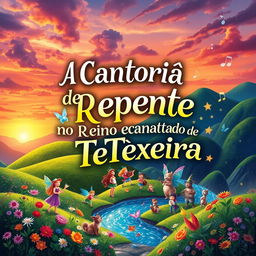 A captivating book cover for a fiction novel titled 'A Cantoria de Repente no Reino Encantado de Teixeira'