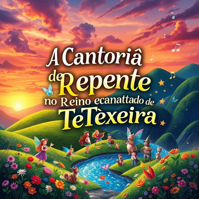 A captivating book cover for a fiction novel titled 'A Cantoria de Repente no Reino Encantado de Teixeira'