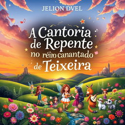 A captivating book cover for a fiction novel titled 'A Cantoria de Repente no Reino Encantado de Teixeira'