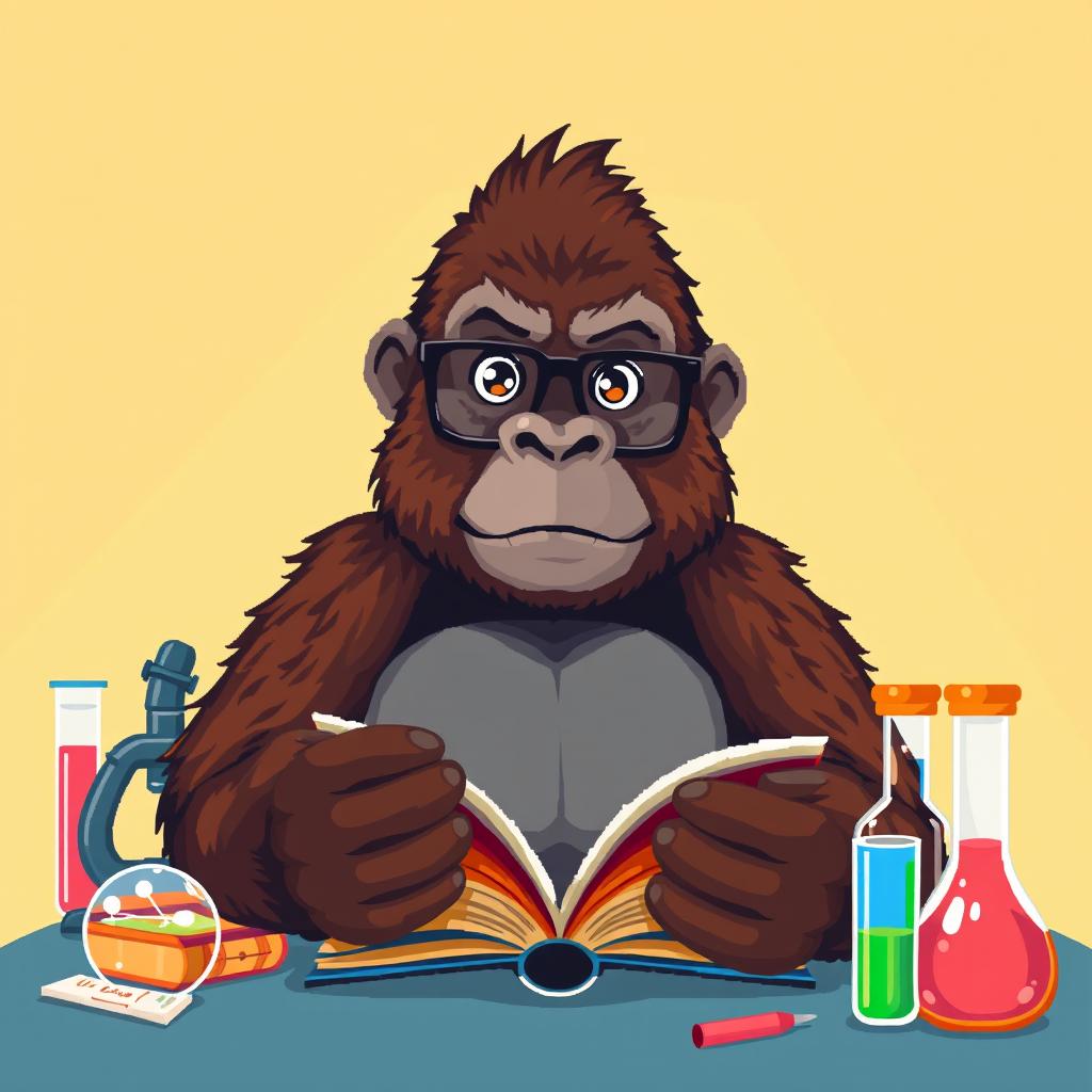 A pixel art illustration of a smart-looking gorilla with glasses, showcasing an intelligent expression