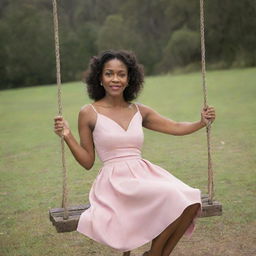 Renee Juliet Clarke Fortune, a lady of sophistication, sitting gracefully on a wooden swing, looking with peaceful serenity.