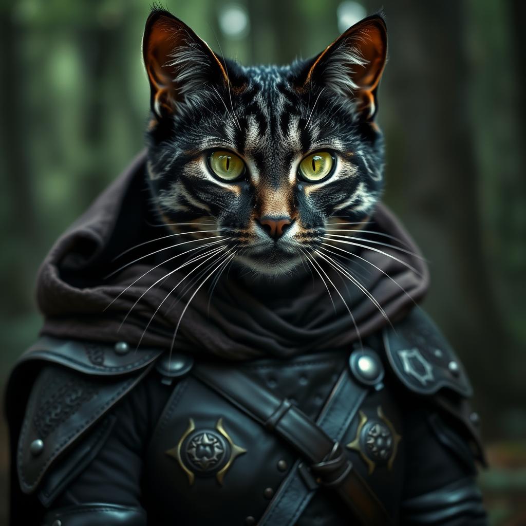 A striking black cat lady with grey stripes, adorned in intricately designed leather armor complete with a flowing cape