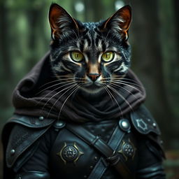 A striking black cat lady with grey stripes, adorned in intricately designed leather armor complete with a flowing cape