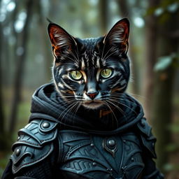 A striking black cat lady with grey stripes, adorned in intricately designed leather armor complete with a flowing cape