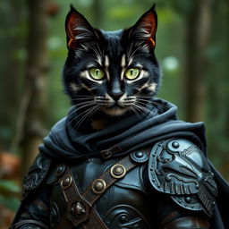 A striking black cat lady with grey stripes, adorned in intricately designed leather armor complete with a flowing cape