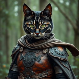 A striking black cat lady with grey stripes, adorned in intricately designed leather armor complete with a flowing cape